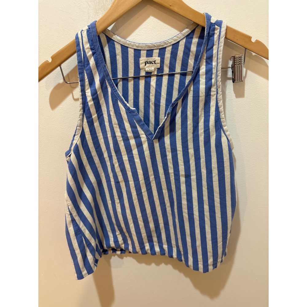 Pact Organic Cotton Striped Tank Top Blue White Notched V-Neck Sleeveless Medium